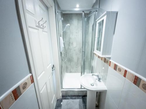 福尔柯克Tranquil 2Bed/2Bath Duplex Falkirk的带淋浴和盥洗盆的小浴室