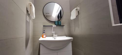 太麻里金仑有乐町温泉民宿的浴室设有白色水槽和镜子
