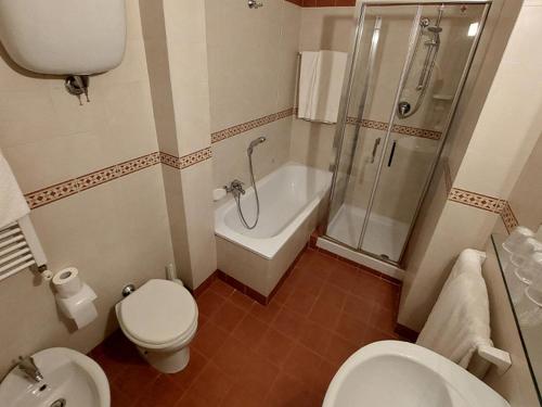 佩鲁贾Chocohotel的浴室配有卫生间、淋浴和盥洗盆。