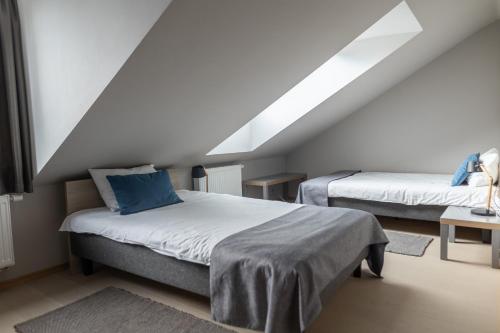 维尔纽斯APARTAMENTAI LEMBERGAS的阁楼上的卧室配有两张床
