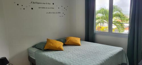 莱特鲁瓦西莱TURQUOISE CARAIBES的一间卧室配有一张带黄色枕头的床和一扇窗户