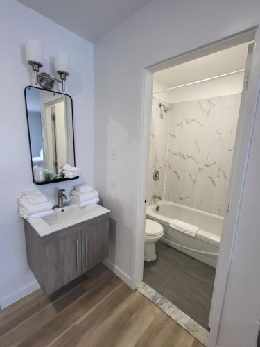 瓦勒多Hotel Sigma的浴室配有盥洗盆、卫生间和浴缸。