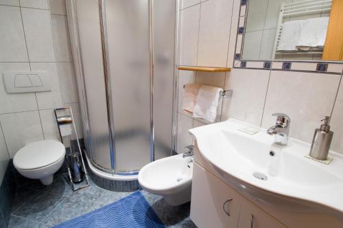 马莱斯韦诺斯塔Sonnenheimhof的浴室配有卫生间、盥洗盆和淋浴。
