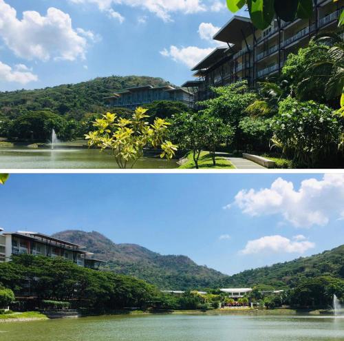 纳苏格布Luxurious Family Room Pico de Loro的两幅不同的建筑和湖泊图片