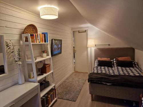 特拉诺斯Eldaren的一间卧室设有一张床和一个书架
