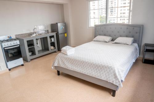 巴拿马城Blu Hostel的一间卧室配有一张床和炉灶