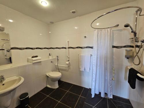 凯尔西温Fuchsia Lodge - New Luxury 5* Beachside Lodge with Sauna - 4 beds ensuite - Spectacular Location的带淋浴、卫生间和盥洗盆的浴室