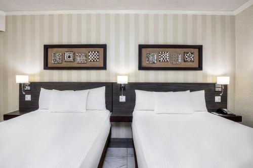 圣佩德罗苏拉卡潘特会议中心酒店的配有白色床单的酒店客房内的两张床