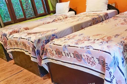 索拉哈Hotel Butterfly , Sauraha , Chitwan的两张睡床彼此相邻,位于一个房间里