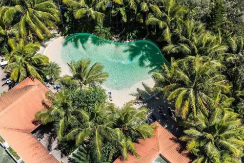 努美阿Appartement F3 sur l'anse vata, bord de mer的棕榈树游泳池的空中景致