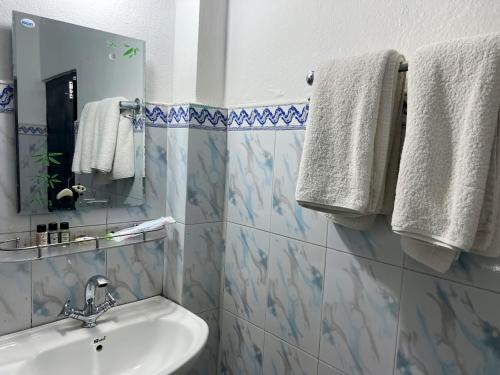 索拉哈Ama Garden Sauraha的浴室配有盥洗盆、镜子和毛巾
