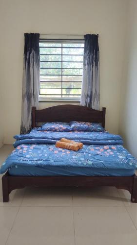 Kampong TengSteffan Family Stay的一张带蓝色棉被的床和窗户
