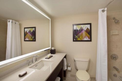 华盛顿华盛顿特区乔治敦希尔顿合博套房酒店的一间带水槽、卫生间和镜子的浴室