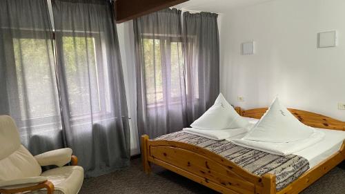 布拉索夫Casa Piscu Ioanei的一间卧室配有一张床、一把椅子和窗户。