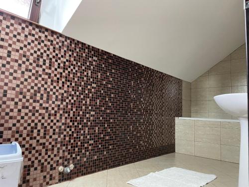 布拉索夫Casa Piscu Ioanei的一间带水槽和瓷砖墙的浴室