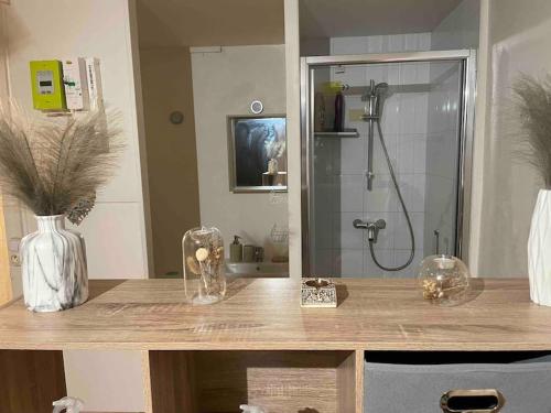 昂吉安班斯Studio Lac d'Enghien的带淋浴的浴室和带花瓶的桌子