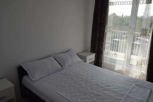 普洛耶什蒂Real Residence -apartament cu 3 camere- Valeni 144的一间卧室设有一张床和一个大窗户