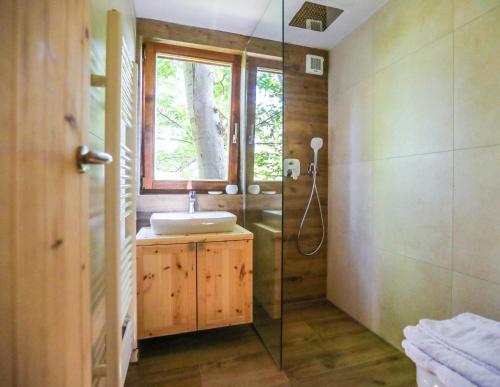 Trobni DolNa Skaluc - Country estate & Glamping的一间带水槽和玻璃淋浴的浴室
