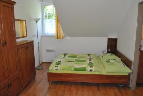 小莫拉夫卡Horské apartmány Jeseníky的一间卧室配有一张带绿色床单的床和一扇窗户。