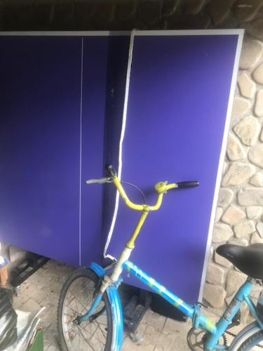 BezdeadCabana Trei Brazi Dambovita的一辆蓝色自行车停在紫色墙边