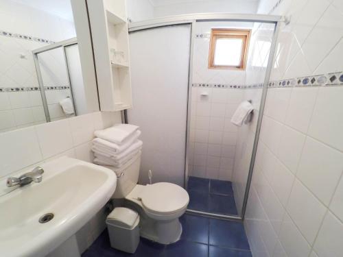 皮卡Cabañas La Huayca - Caja Los Andes的浴室配有卫生间、盥洗盆和淋浴。
