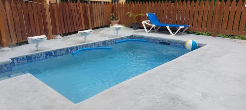 格罗斯岛4Js Vacation Inc. - Luxury Studio的后院的游泳池,带蓝色椅子