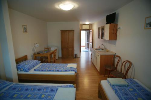 米库洛夫Alva Pension 2的一间小房间,配有两张床和厨房