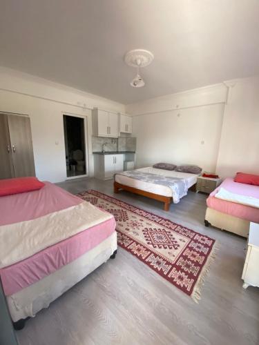 YeşilovaGözde Pansiyon Salda的一间带两张床的卧室和地毯