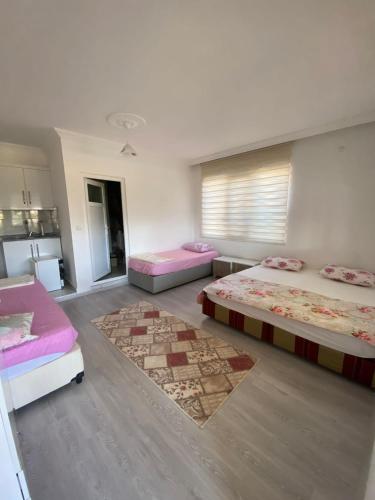 YeşilovaGözde Pansiyon Salda的一间设有两张床的房间和一张地毯