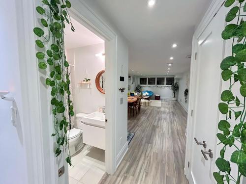 多伦多Boho-chic Spacious Basement Apartment的厨房以及带白色墙壁和植物的客厅。