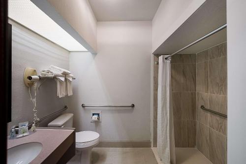 欧文DFW机场南品质套房酒店的带淋浴、卫生间和盥洗盆的浴室