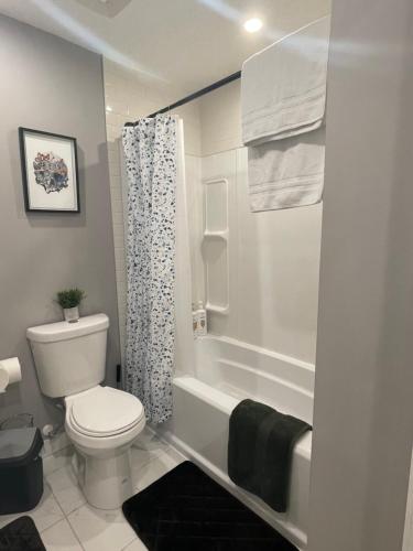 卡尔加里Cozy basement suite的一间带卫生间、浴缸和淋浴的浴室