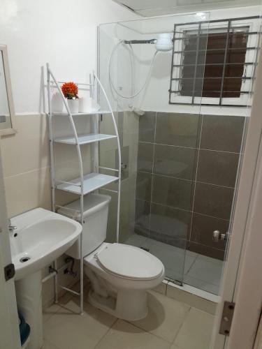 圣地亚哥洛斯卡巴Comodo apartamento en el centro de la ciudad的浴室配有卫生间、淋浴和盥洗盆。