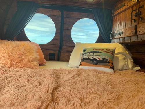 卡内奥赫Camper Van Hawaii的一张位于房间的床,上面有两个枕头