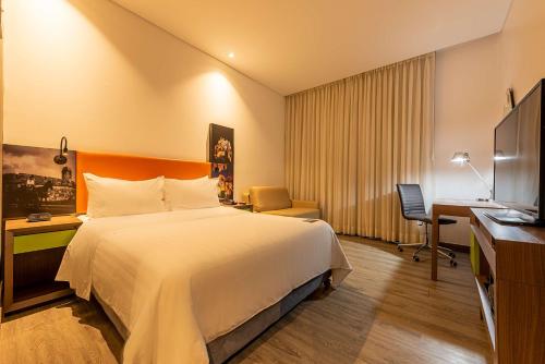 卡塔赫纳卡塔赫纳希尔顿汉普顿酒店的配有一张床和一张书桌的酒店客房