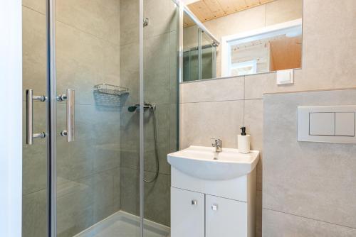 詹塔尔SIEDLISKO JANTAR Resort&Spa的带淋浴和盥洗盆的浴室