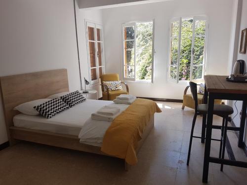 北尼科西亚Sabor Residence的一间卧室配有一张床、一张书桌和两个窗户。