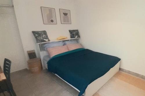 卡宴Le Patio Fleuri - Studio et terrasse privé à Cayenne的一间卧室配有一张带蓝色毯子的床