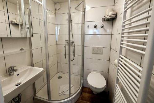 维也纳AJO Vetmed的带淋浴、卫生间和盥洗盆的浴室