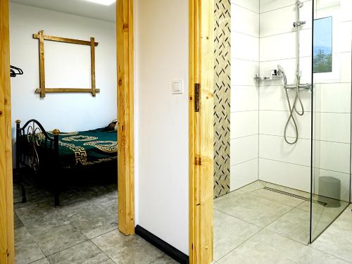 库多瓦-兹德鲁伊Domki Adamus的带淋浴的浴室和1张床