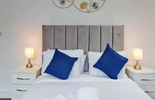 巴尔金Stylish Furnished Room In Barking Centre的一间卧室配有一张带蓝色枕头的床和两盏灯。