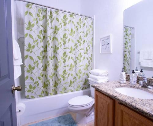 盖恩斯维尔Modern Boho Condo with a Royal Touch -KING BED的浴室设有淋浴帘、卫生间和水槽