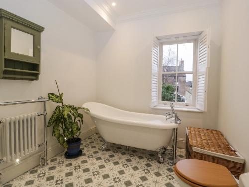 弗罗姆Vallis Oak Villa的带浴缸和盆栽的浴室