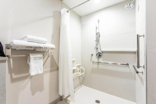 普莱诺Fairfield Inn & Suites by Marriott Dallas Plano/Frisco的带淋浴和卫生间的白色浴室