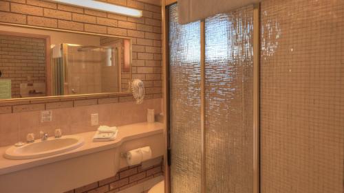 布赖特Barrass's John Bright Motor Inn的一间带水槽和玻璃淋浴的浴室