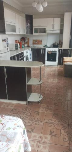 比什凯克Уютная вилла в центре Бишкека的厨房中间设有桌子