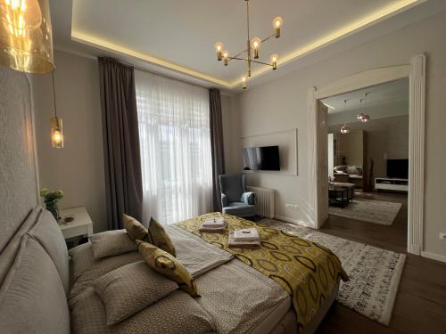 德布勒森Visit Debrecen Apartman的一间卧室设有一张床和一间客厅。