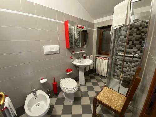圣贾科莫Albergo Nazionale的一间带水槽、卫生间和淋浴的浴室