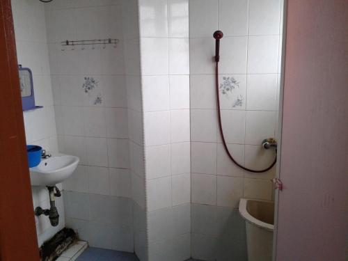 太平HotelMalaya的带淋浴、卫生间和盥洗盆的浴室