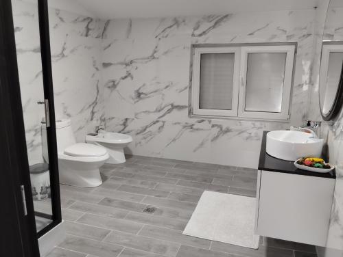 戈里察Dhoma romantike , qetesi absolute!的白色的浴室设有卫生间和水槽。